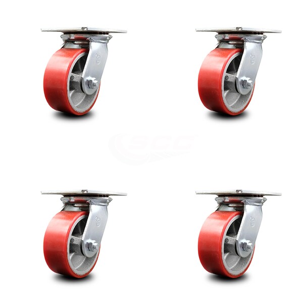 5 Inch Heavy Duty Red Poly on Cast Iron Caster Set with Ball Bearings, 4PK